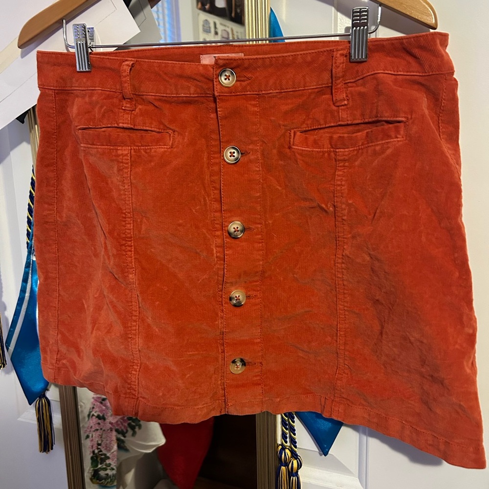 Orange Button-Front Corduroy Skirt